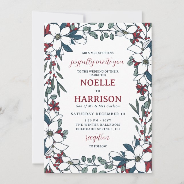 Pretty Red White Floral Formal Christmas Wedding Invitation (Front)