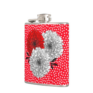 Pretty Red White Flowers And Polka Dot Design Hip Flask