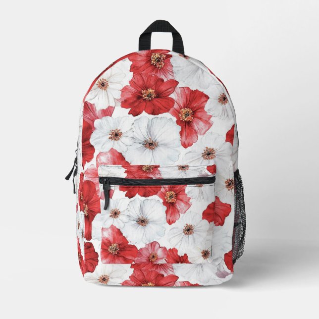 Pretty Red White Flowers Printed Backpack (Front)