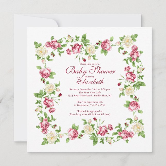 Pretty Red & White Rose Floral Girl Baby Shower Invitation (Front)