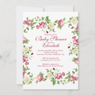 Pretty Red & White Rose Floral Girl Baby Shower Invitation