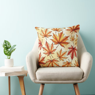 PRETTY RED & YELLOW FALL AUTUMN LEAVES CUSHION