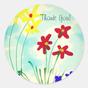 Pretty Red & Yellow Fingerpaint Flowers Thank You Classic Round Sticker