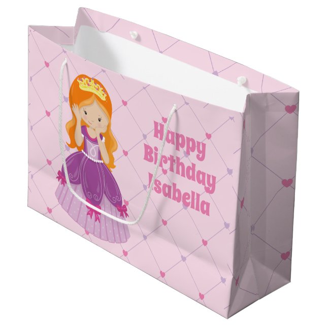 Pretty Redhead Princess Pink Custom Girls Birthday Large Gift Bag (Front Angled)
