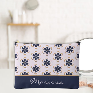 Pretty Retro 70's Flower Power Navy-Barely Pink Accessory Pouch