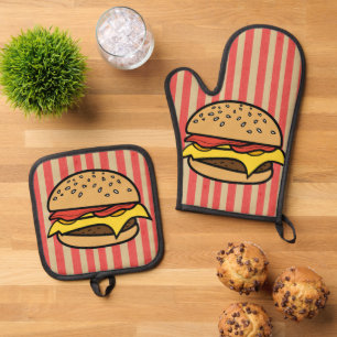 Pretty retro art hamburgers Red stripes Mother Oven Mitt & Pot Holder Set