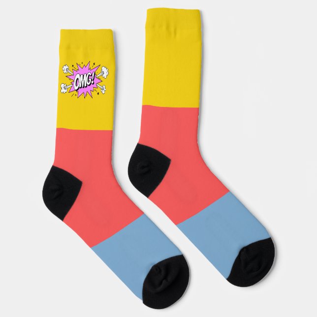 Pretty retro colour block Blue Pink Yellow OMG Socks (Right)