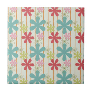 Pretty Retro Colourful Wall Flowers Stripes Tile