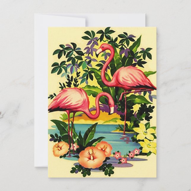 Pretty Retro Flamingos Pool Party Invitations (Front)