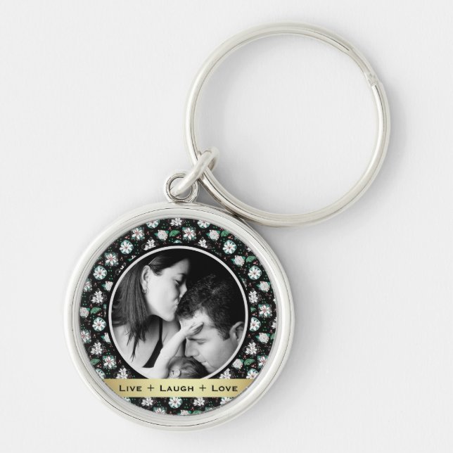 Pretty Retro Floral Black Pattern Photo Key Ring (Front)