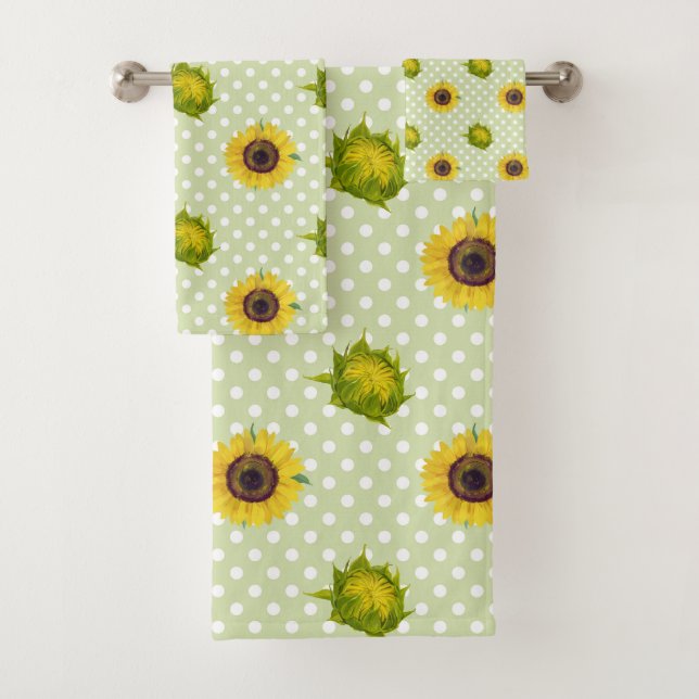Pretty retro floral Sunflowers Green Yellow Cute Bath Towel Set (Insitu)
