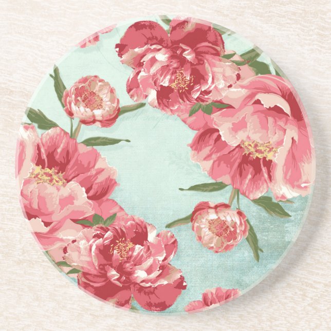 Pretty Retro Flower Chintz Peonies Personalised Coaster (Front)