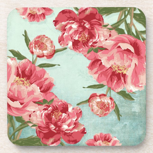 Pretty Retro Flower Chintz Peonies Personalised Coaster (Front)