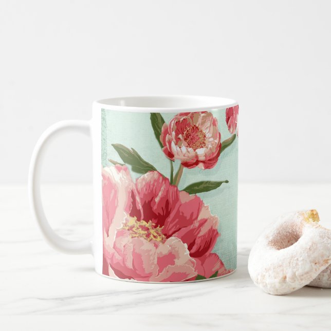 Pretty Retro Flower Chintz Peonies Personalised Coffee Mug (With Donut)