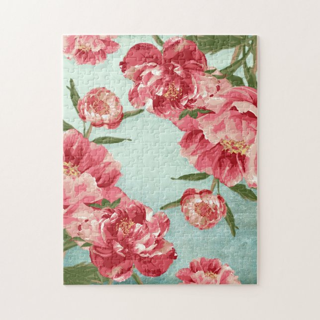 Pretty Retro Flower Chintz Peonies Personalised Jigsaw Puzzle (Vertical)