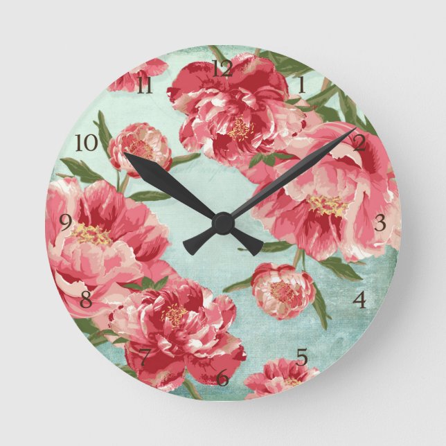 Pretty Retro Flower Chintz Peonies Personalised Round Clock (Front)