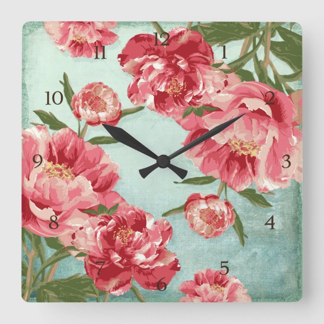 Pretty Retro Flower Chintz Peonies Personalised Square Wall Clock (Front)