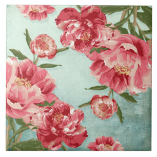 Pretty Retro Flower Chintz Peonies Personalised Tile