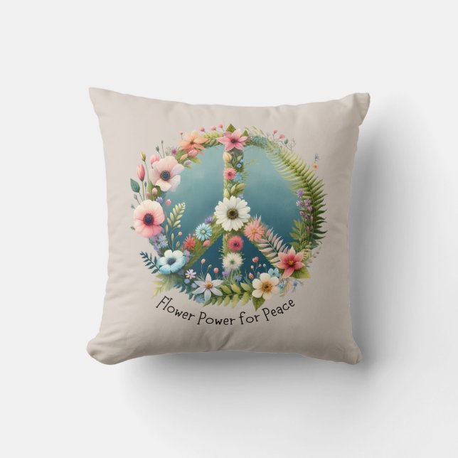 Pretty Retro "Flower Power for Peace" Peace Sign Cushion (Front)