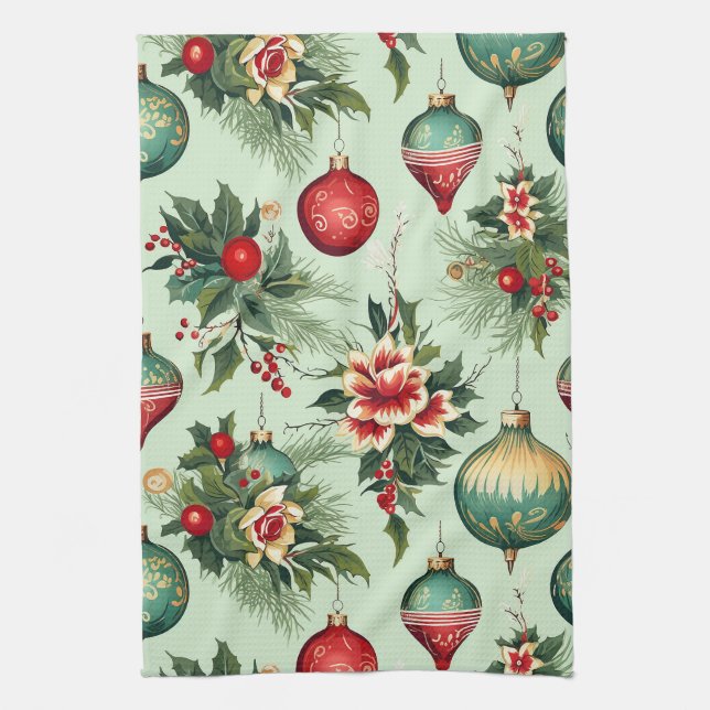 Pretty Retro Holiday Ornaments, Floral Christmas Tea Towel (Vertical)