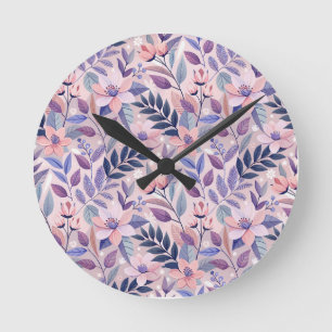 Pretty Retro Lilac Floral Illustration Round Clock