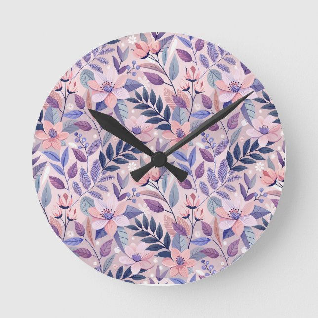 Pretty Retro Lilac Floral Illustration Round Clock (Front)