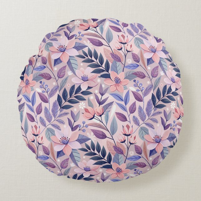 Pretty Retro Lilac Floral Illustration Round Cushion (Front)