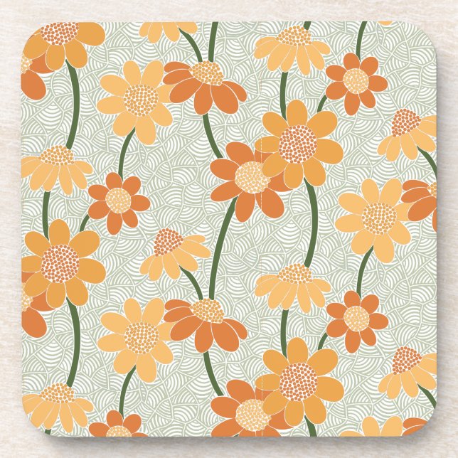 Pretty retro muted 1970s flowers coaster (Front)