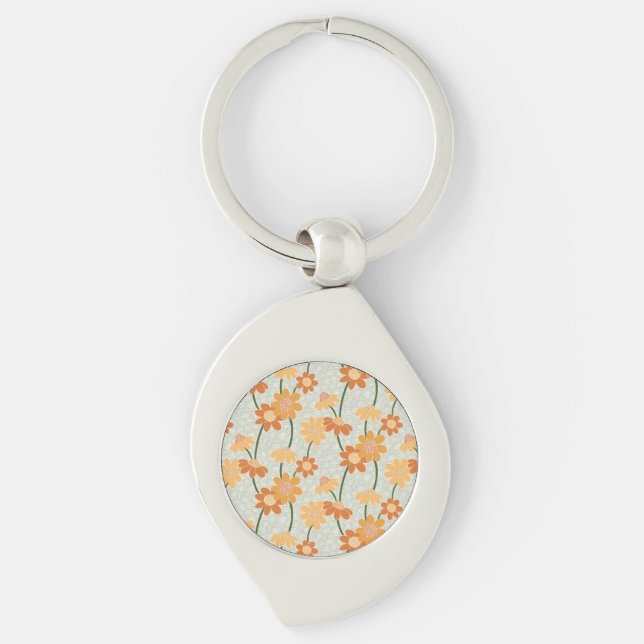 Pretty retro muted 1970s flowers key ring (Front)