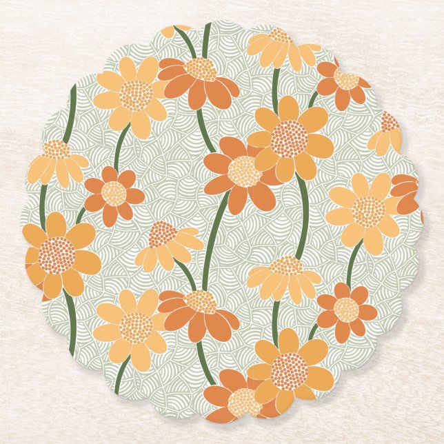 Pretty retro muted 1970s flowers paper coaster (Front)