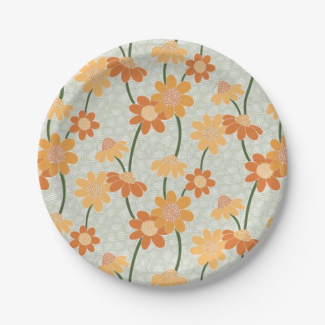 Pretty retro muted 1970s flowers paper plate (Front)