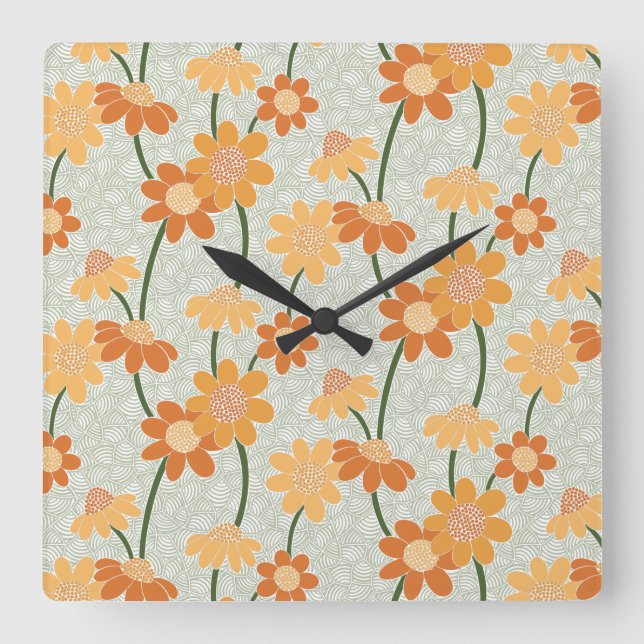 Pretty retro muted 1970s flowers square wall clock (Front)