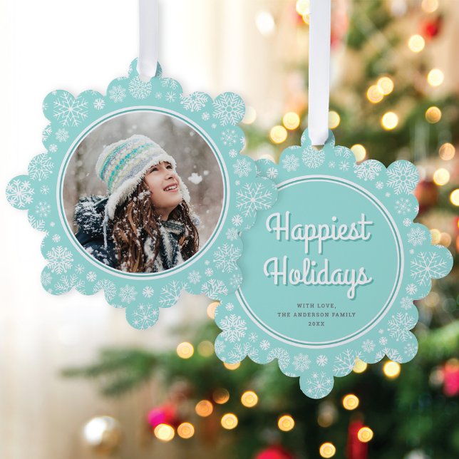 Pretty Retro Snowflakes Photo Christmas Holiday  Tree Decoration Card (Creator Uploaded)