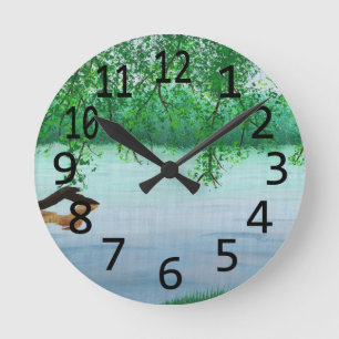 Pretty River Scene Trees Log Painting Wall Clocks
