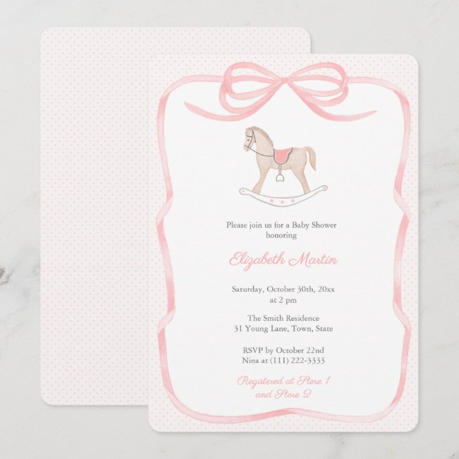 Pretty Rocking Horse Pink Bow Girl Baby Shower  Invitation (Front/Back)