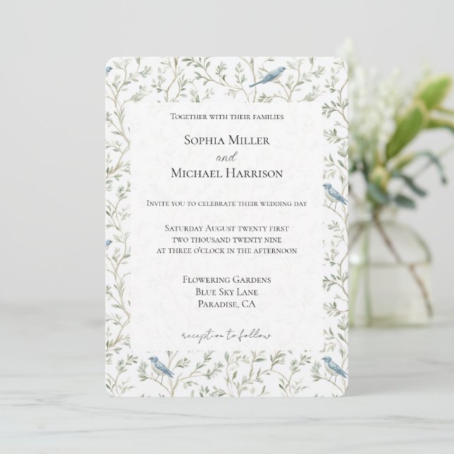 Pretty Romantic Blue Birds Dream Wedding Invitation (Standing Front)