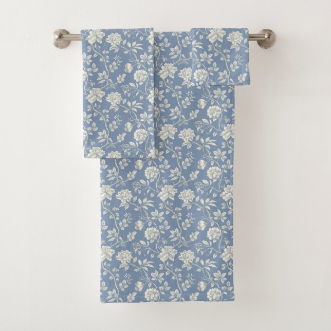 Pretty Romantic Blue Cream Flowers   Bath Towel Set (Insitu)