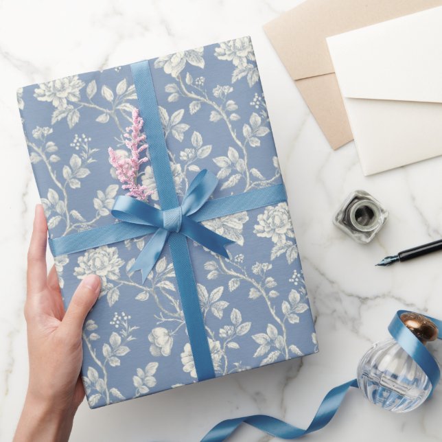 Pretty Romantic Blue Cream Flowers Bridal Shower Wrapping Paper (Gifting)