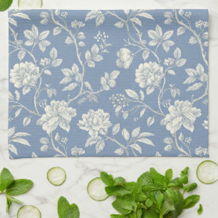 Pretty Romantic Blue Cream Flowers   Tea Towel