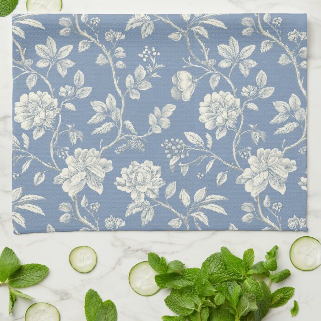 Pretty Romantic Blue Cream Flowers   Tea Towel (Folded)