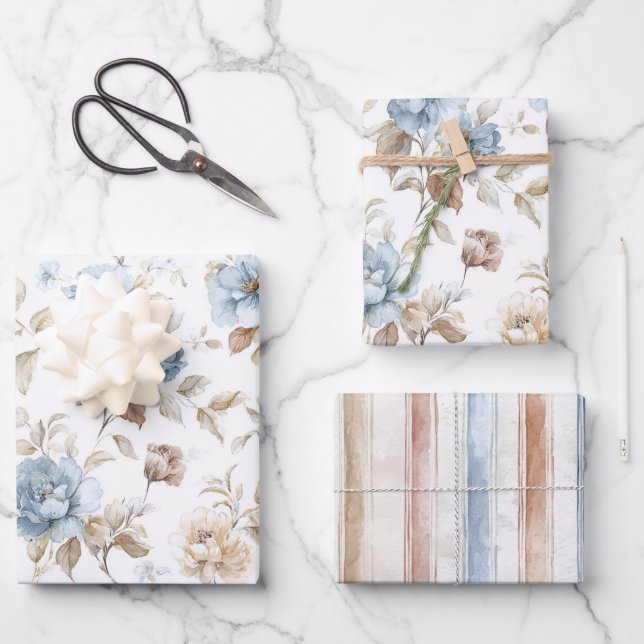 Pretty Romantic Blue Flowers Wedding Wrapping Paper Sheet (Front)