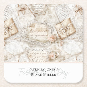 Pretty Romantic Blush Roses Love Letters Wedding Square Paper Coaster