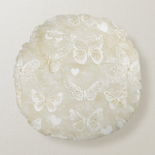 Pretty Romantic Cream Ivory Butterflies Hearts Round Cushion