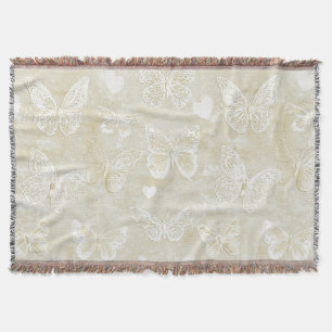 Pretty Romantic Cream Ivory Butterflies Hearts Throw Blanket