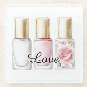 Pretty Rose Blush Pink Floral Nail Polish Glass Coaster
