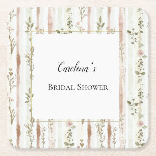 Pretty Rose Floral Stripes Bridal Shower   Square Paper Coaster