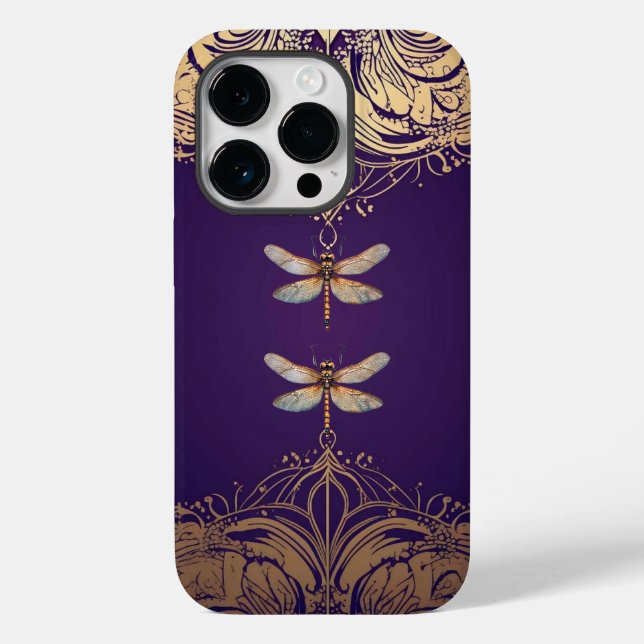 Pretty Rose Gold Dragonfly iPhone 14 Pro Case Purp (Back)