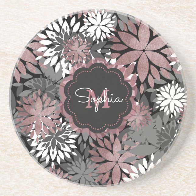 Pretty rose gold floral illustration pattern coaster (Front)