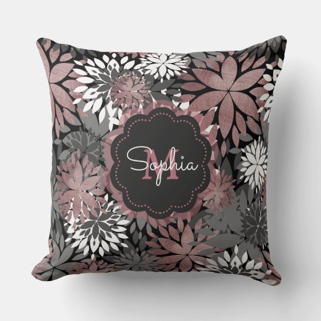 Pretty Rose Gold Geometric Flowers Illustration Cushion (Front)