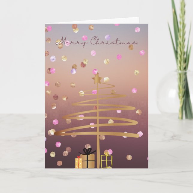 Pretty Rose Gold & Gold Swirl Christmas Tree Card (Front)
